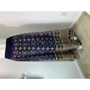 Soft Surroundings M Navy Embroidered Metallic Boho Maxi Skirt Festival Glam